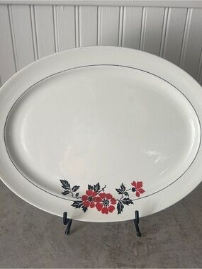 Hall China Red Poppy Large Oval Serving Platter 14” x 10” Platinum Rim Vintage